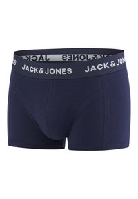 Marineblaue Boxer Shorts aus glattem Material, mit einem bequemen elastischen Bund, der das Logo "JACK & JONES" in Weiß zeigt.