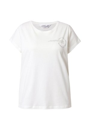 T-shirt bianca in cotone con scollo rotondo e maniche corte, caratterizzata da un testo grigio in un design circolare sul davanti.