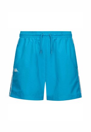 Pantaloni da bagno blu con vita elastica e cordino, tasche laterali e strisce bianche di accento lungo i lati.