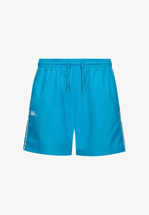 Shorts de bain bleus avec une taille élastique et un cordon de serrage, des poches latérales et des bandes blanches sur les côtés.