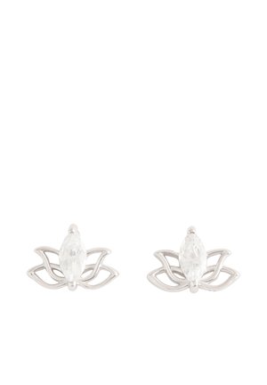 Silver stud earrings shaped like stylized lotus flowers with a central marquise-cut clear gemstone in each.