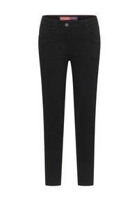 Jeans in denim neri slim-fit con bottone frontale, passanti per cintura e design a cinque tasche, mostrati su uno sfondo bianco.
