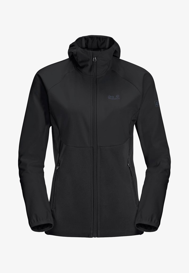 Veste softshell noire au design ajusté, fermeture éclair intégrale, capuche ajustable et deux poches latérales. Présente un logo sur la poitrine.