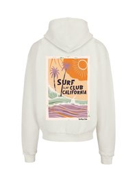 White hoodie featuring a colorful graphic print of palm trees, waves, and the text "SURF CLUB CALIFORNIA" in bold black letters.