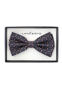 Granatowy muszka w geometryczny wzór z czerwonymi i białymi akcentami, wykonana z teksturowanej tkaniny, zaprezentowana w czarnym pudełku z nazwą marki.