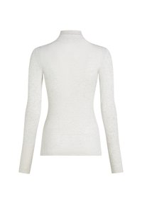 Hvid langærmet bluse med høj mock neck, lavet af et tekstureret, let materiale. Bagsiden har et glat, tætsiddende design.
