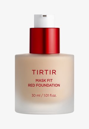 Tirtir Mask Fit Rød Foundation i en frostet glasflaske, cremefarvet, med et rødt metal låg. Etiketten viser produktdetaljer. 30 ml størrelse.