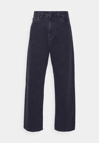 Tummansiniset leveälahkeiset farkut korkea vyötärö, joissa on viisi taskua, vetoketjukiinnitys ja suora siluetti. Ei näkyviä kuvioita tai koristuksia.