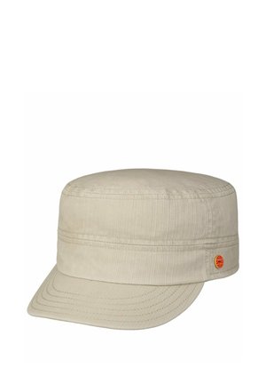 Beige cotton military-style cap with flat top and curved visor, featuring a small round orange logo on the side.