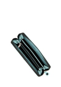 Portafoglio con zip, esterno nero e interno azzurro chiaro. Presenta più scomparti e una texture resistente per un'organizzazione ottimale dello spazio.