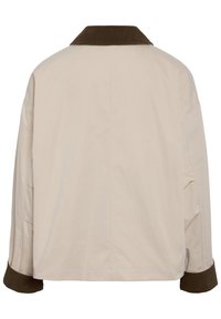 Beige jakke med mørkebrun corduroy krave og manchetter, vist fra bagsiden med lange ærmer og enkel design.