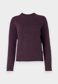 Violetti neulepaita, jossa pyöreä pääntie ja pitkät hihat. Pehmeä tekstuuri, resorit hihoissa ja helmassa sekä rento istuvuus. Ei kuvioita tai koristeita.