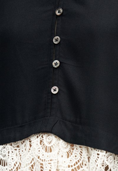 Μαύρο ύφασμα με μεταλλικά κουμπιά πάνω από λευκό δαντελένιο ύφασμα με κυκλικά σχέδια, που δείχνει το κουμπωμένο άκρο του ρούχου και τα περίτεχνα στοιχεία της δαντέλας από κάτω.