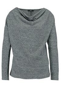 Grå, lös passform långärmad topp med en draperad halsringning, tillverkad av mjukt tyg med en texturerad yta. Har sidofickor.