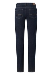 Mørkeblå denimjeans med rett snitt, med to baklommer med kontraststing og et lærmerke i livet.