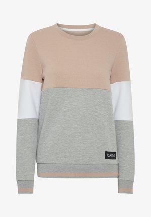 Lightweight sweatshirt featuring a color-block design in blush, white, and gray. Ribbed neck and cuffs, with a black brand tag at the hem.