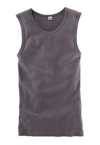 Graues Muskel-Top aus Baumwollmischung, mit rundem Ausschnitt und ärmellosem Design, glatter Textur und taillierter Form.