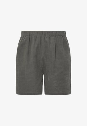 Shorts gris à taille élastique avec une coupe décontractée. Fabriqués en tissu texturé, avec de subtiles plis et une coupe simple au milieu de la cuisse.