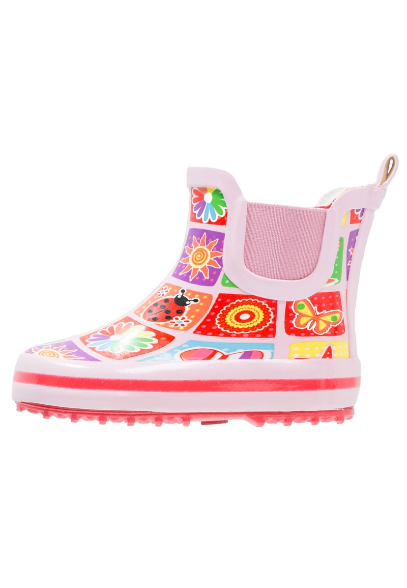 Roze regenlaars met een kleurrijk bloemen- en lieveheersbeestje-patroon, voorzien van een gestructureerde rubberen zool en elastische zijpanelen voor eenvoudige draagbaarheid.