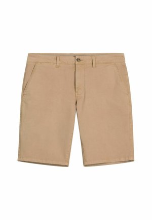 Beżowe bawełniane szorty do kolan z pętlami na pasek, przednim guzikiem, zamkiem błyskawicznym i skośnymi bocznymi kieszeniami, ułożone na płasko na białym tle.