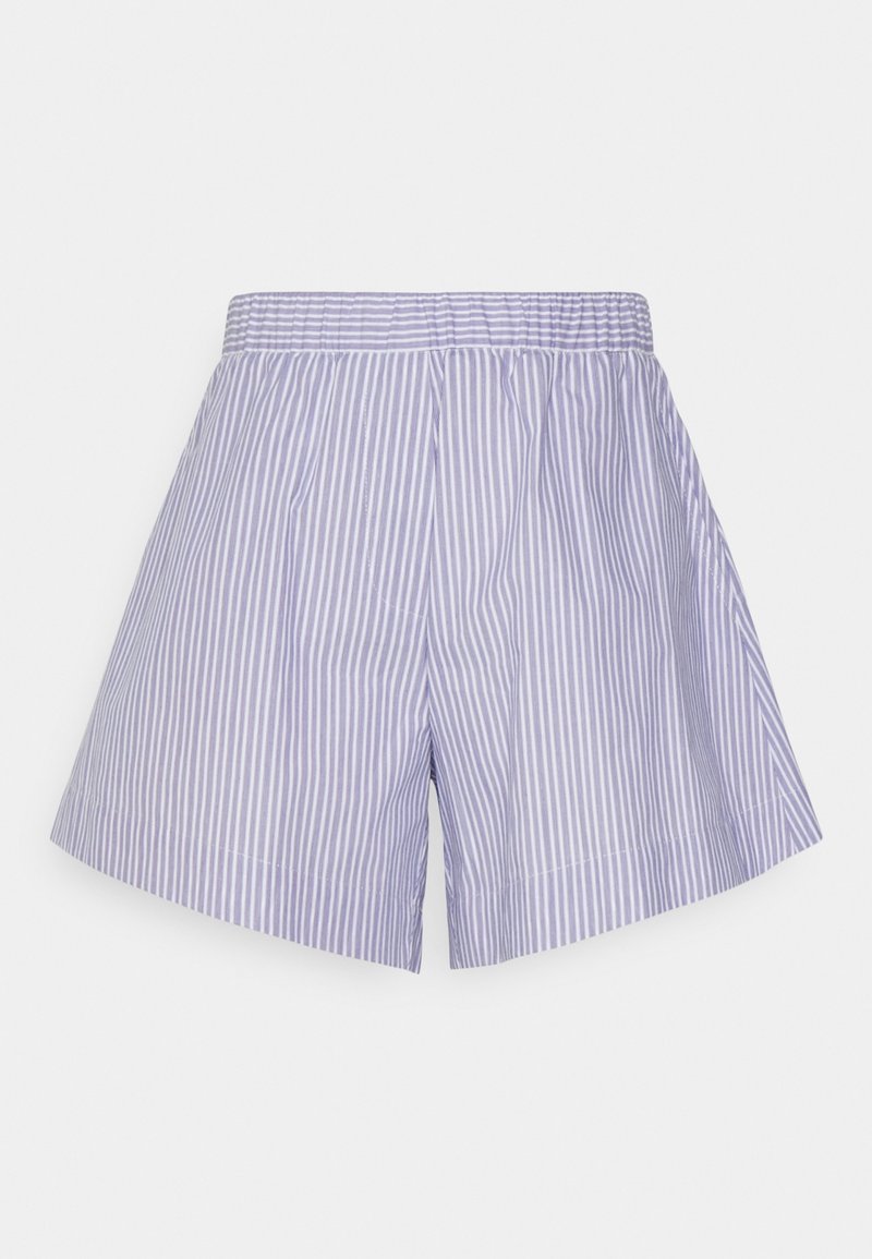 Pruhované šortky ve světle fialové a bílé barvě s elastickým pasem, skládáním a volným střihem, vyrobené z lehké tkaniny.