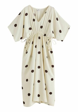 Cremiges Midikleid mit schwarzen Polka-Dots, V-Ausschnitt, kurzen breiten Ärmeln und verstellbaren Kordeln an der Taille.