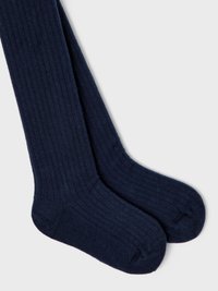 Calze a coste navy con una texture morbida, dotate di aree rinforzate su punta e tallone, progettate per comfort e durata.