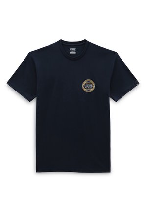 Marineblå bomulds t-shirt med korte ærmer, rund halsudskæring og et cirkulært Vans-logo i gul og hvid på venstre bryst. Glat tekstur.