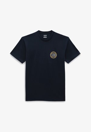 Navyblaue Baumwoll-T-Shirt mit kurzen Ärmeln, Rundhalsausschnitt und einem runden Vans-Logo in Gelb und Weiß auf der linken Brust. Glatte Textur.