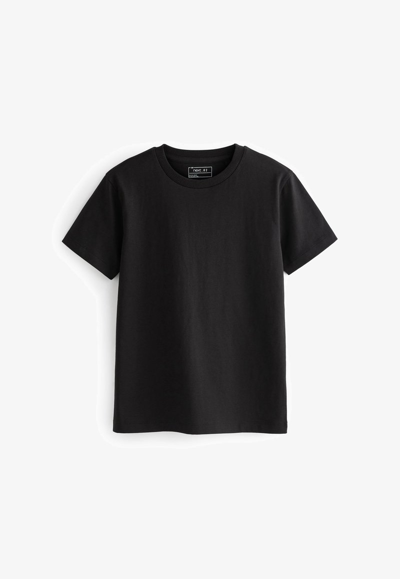 Zwarte katoenen T-shirt met korte mouwen, ronde halsontwerp, gladde textuur en een effen oppervlak. Geen zichtbare patronen of graphics.