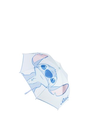 Ombrello trasparente per bambini con un grande volto di Stitch blu e rosa e la parola "Stitch" su un pannello.