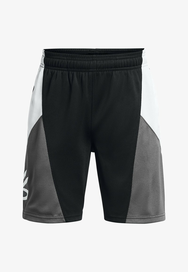 Mustad mustreeritud mustad spordilühikesed püksid, millel on valged ja hallid võrgupaneelid. Elastne vöökoht, hingav kude, millel on külgmistel pinda suured logo.