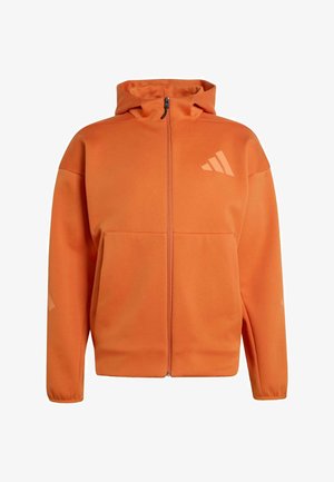 Orange zip-up hoodie with a hood, featuring two front pockets and a subtle logo on the chest, made from a smooth, textured fabric.