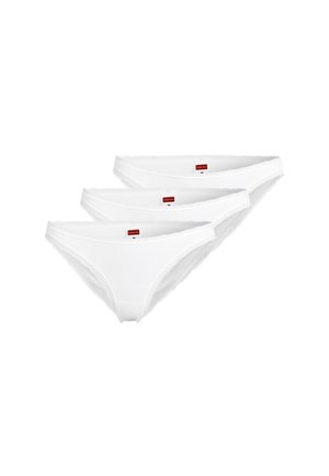 Three white women's bikini-style underwear with lace trim, stacked overlapping on a white background.