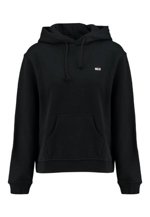 Czarna bluza z kapturem, kieszeniami z przodu, sznurkami, ściągaczami i małym prostokątnym logo na lewej piersi.