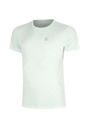 T-shirt vert menthe clair à manches courtes et col rond avec un petit logo circulaire au centre de la poitrine sur fond blanc.
