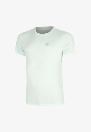 Hellmintgrünes Kurzarm-T-Shirt mit Rundhalsausschnitt und kleinem rundem Logo auf der Brustmitte vor weißem Hintergrund.