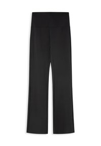 Leggings de yoga noirs avec une large ceinture, fabriqués à partir d'un tissu lisse et extensible. Présentent un design droit sans motifs ni accents visibles.