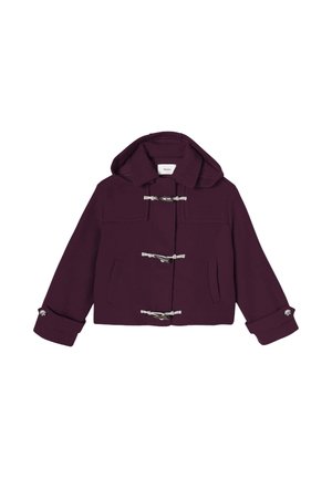 Manteau duffle à capuche violette avec fermetures à toggles en argent, deux poches avant et manches repliées, fabriqué à partir d'un tissu en laine mélangée texturée.