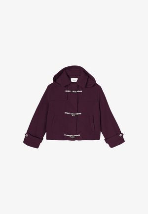 Manteau duffle à capuche violette avec fermetures à toggles en argent, deux poches avant et manches repliées, fabriqué à partir d'un tissu en laine mélangée texturée.