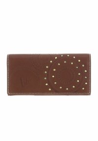 Brown leather wallet featuring embossed circular patterns and gold-colored studs. Contrasting white stitching along the edges.