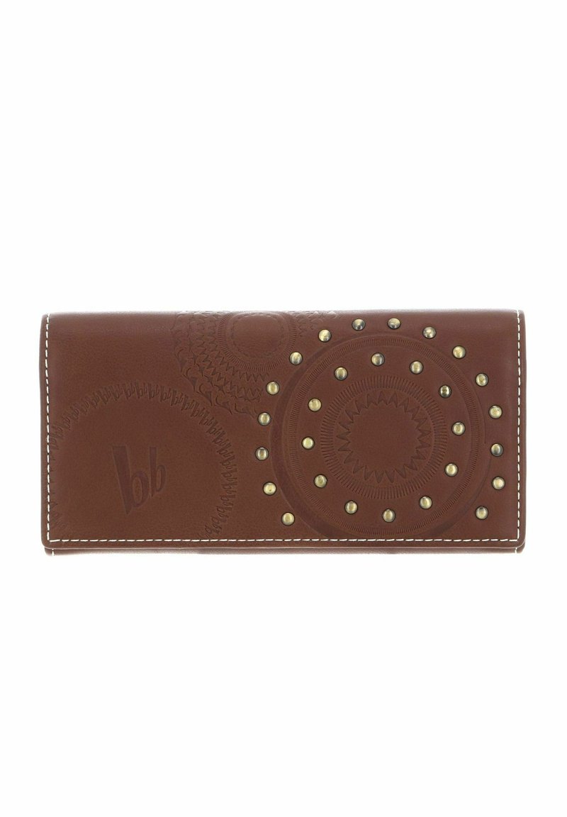 Brown leather wallet featuring embossed circular patterns and gold-colored studs. Contrasting white stitching along the edges.