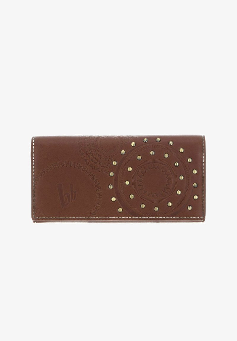 Brown leather wallet featuring embossed circular patterns and gold-colored studs. Contrasting white stitching along the edges.