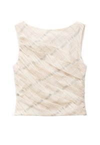Ärmlös beige topp med subtilt diagonalt och vertikalt rutmönster, lätt rynkat tyg och bred halsringning.