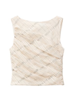 Bezrukávový béžový top s jemným diagonálnym a vertikálnym kockovaným vzorom, mierne nariasená látka a široký výstrih.