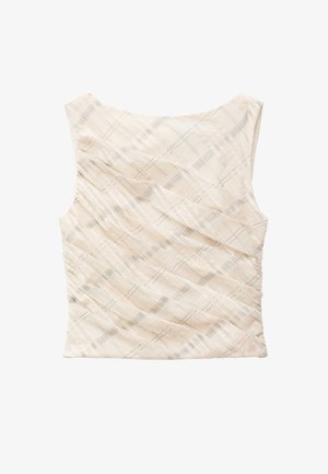 Bezrukávový béžový top s jemným diagonálnym a vertikálnym kockovaným vzorom, mierne nariasená látka a široký výstrih.