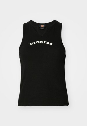 Black sleeveless tank top with a ribbed texture, featuring a white curved "DICKIES" logo on the chest and a V-neck design.