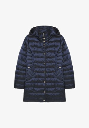 Marineblauwe gewatteerde pufferjas met capuchon, drukknoopsluiting aan de voorkant en twee schuine zakken met drukknoopsluiting.