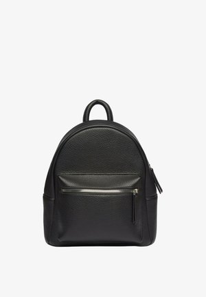 Black leather backpack with a rounded shape, textured surface, top handle, and a front zippered pocket. Silver hardware accents.