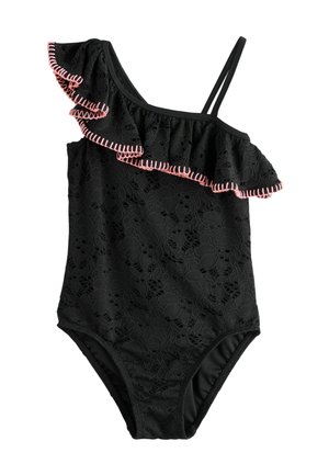 Juodas vientisas maudymosi kostiumėlis su gėlių nėrinių tekstūra, viena peties raukinė, apvadai rožinės siūlės, ir dvi plonos petnešėlės kitoje pusėje.